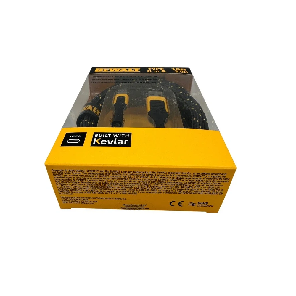 DeWALT USB-C to USB-A Cable 10ft Black Yellow NEW DXMA1311349 Kevlar Reinforced